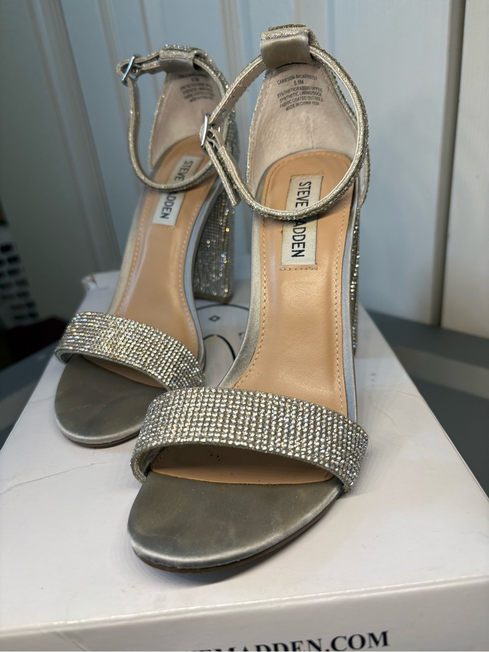 Steve Madden Silver Rhinestone Block Heel Sandals with Ankle Strap - Picture 3 of 7